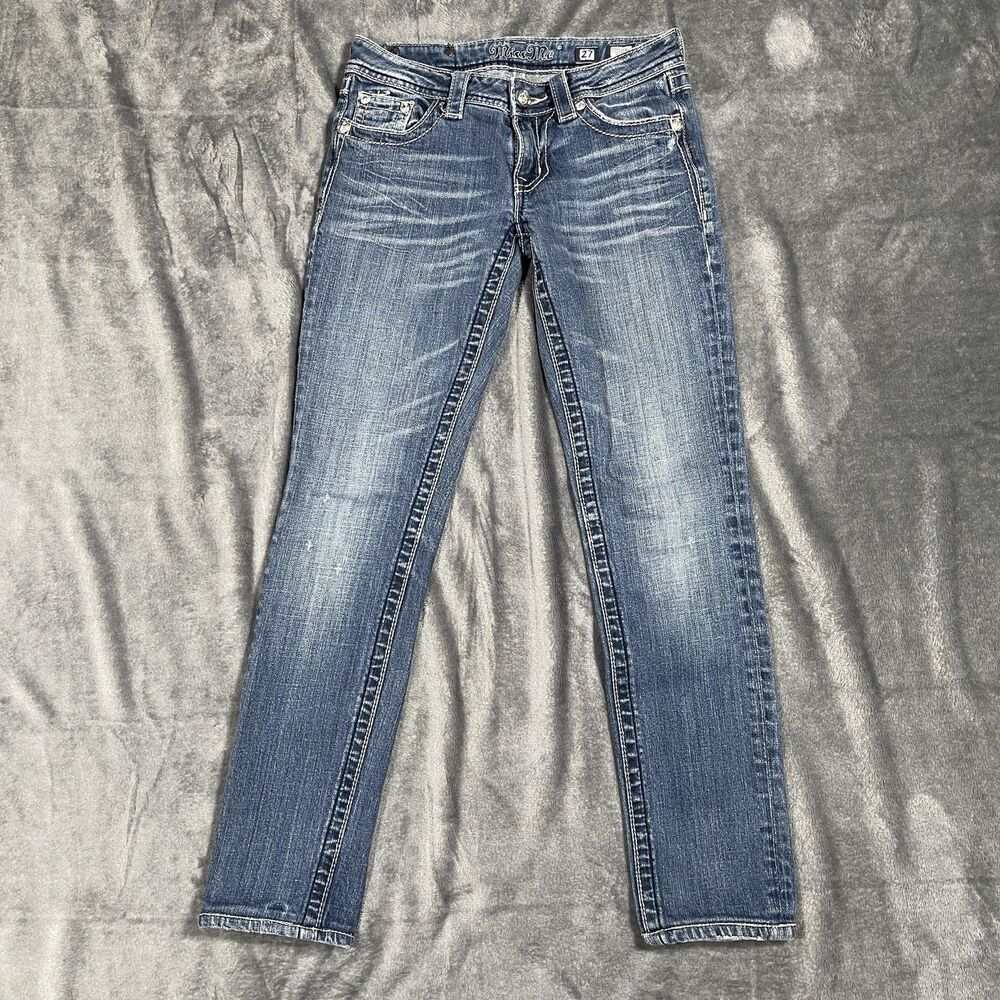 Miss Me Skinny Jeans Womens 27 Blue Medium Wash Embroidered Studded Stretch